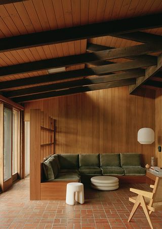 timber clad seating area at Fisher House in melbourne