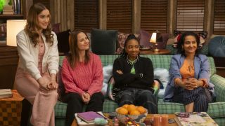 Kacie, Kimberly, Whitney and Bela on couch in Sex Lives of College Girls Season 3