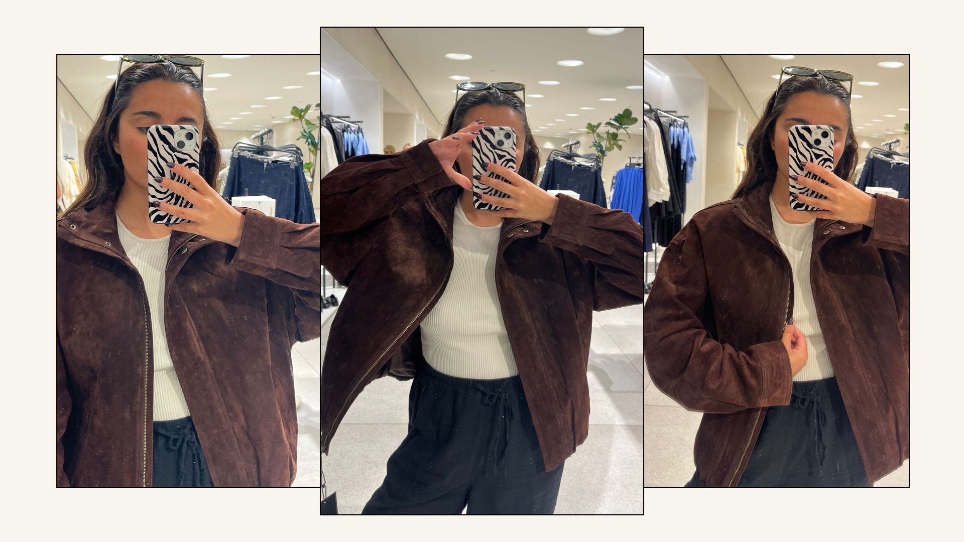 Woman wears suede jacket