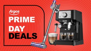 A Dyson vacuum and De'Longhi coffee machine next to the words 'prime day deals'