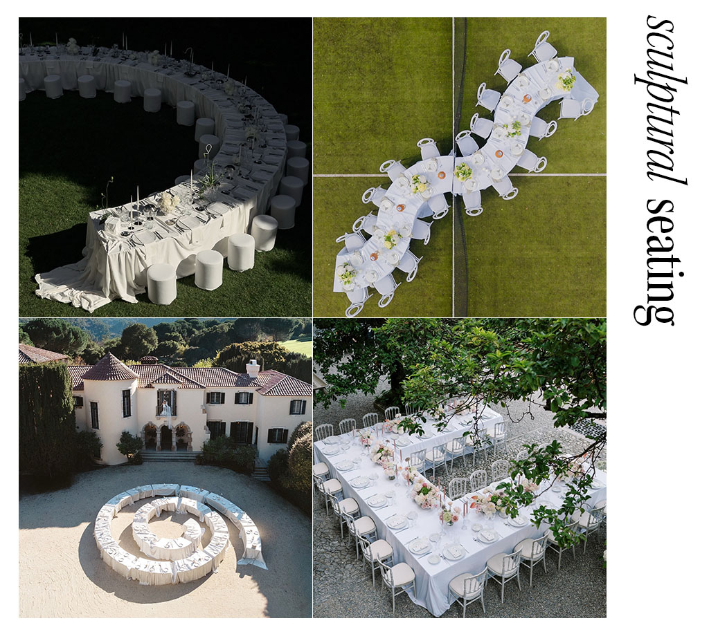 four images of sculptural seating at weddings.