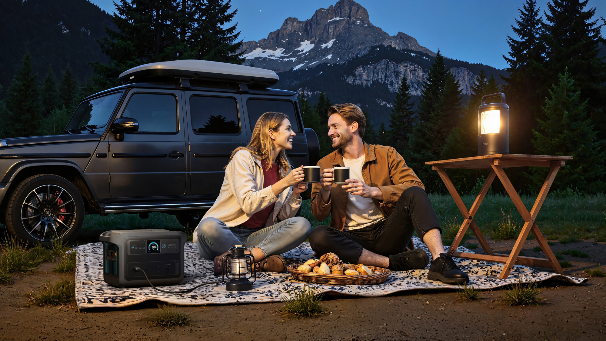 A couple camping in the Twilight, cheersing mugs with an Anker Solix portable power system