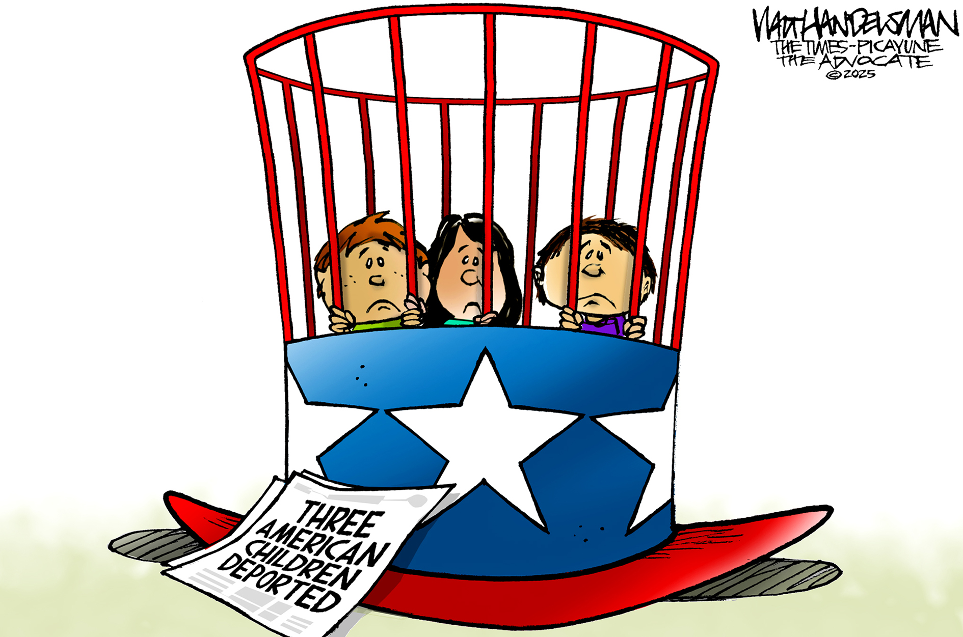 This political cartoon depicts three children with worried expressions behind bars that resemble the stripes of the American flag and Uncle Sam's hat. A newspaper clipping in the foreground is titled "THREE AMERICAN CHILDREN DEPORTED."