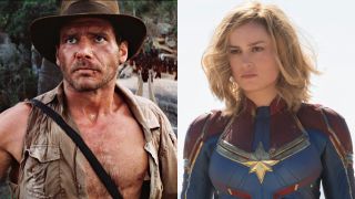 Left: Harrison Ford as Indiana Jones in Indiana Jones and The Temple of Doom. Right: Brie Larson as Captain Marvel in Captain Marvel