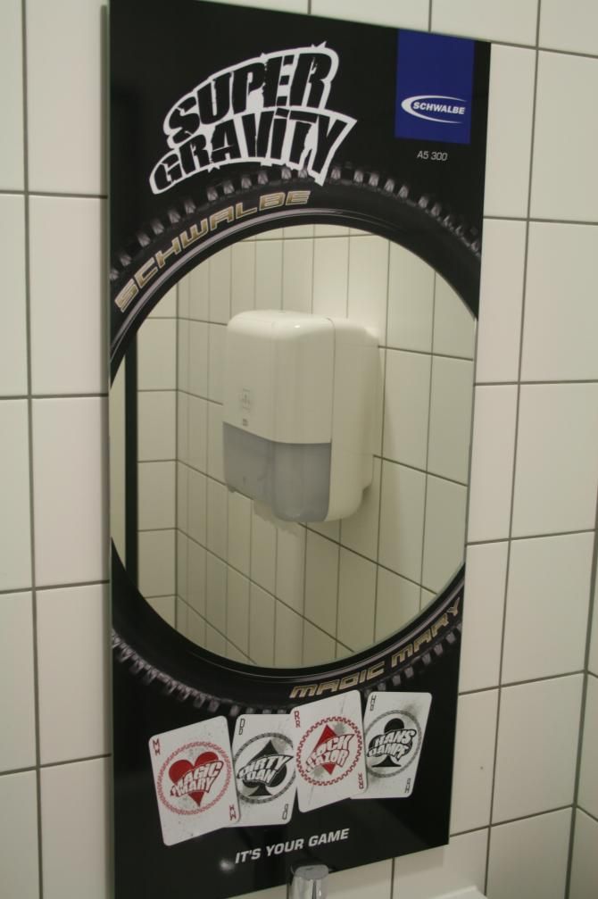 Schwalbe win the award for most creative use of bathroom mirror