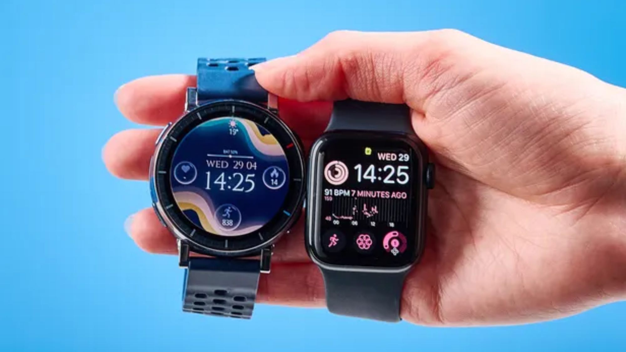 Apple Watch SE 3 and Amazfit Active 3 Premium in hand with blue background