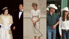 L - R: Queen Elizabeth and Ronald Reagan; Princess Diana in Egypt; Prince William and Princess Catherine in Calgary, Canada.