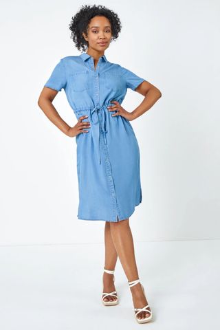 Light Denim Petite Tie Waist Denim Shirt Dress