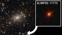 A view of lots of gravitationally warped galaxies in the universe. One small red dot is magnified in a boxout and called GLIMPSE-17775.