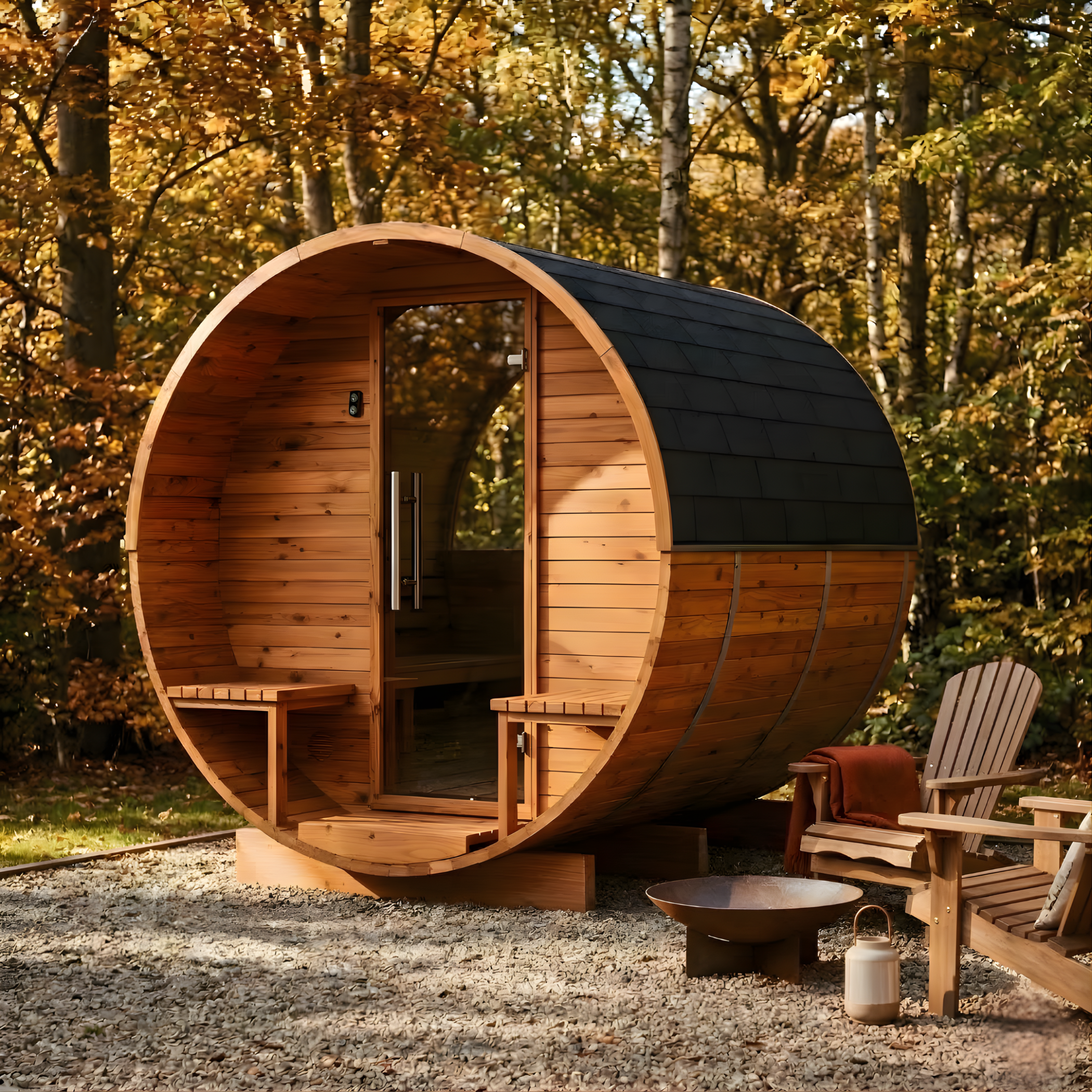 Thermo Wood Barrel Sauna with Window - Regular with Relaxation Terrace 