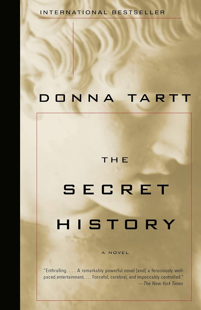 the cover of secret history featuring a sepia photo of a greek statue