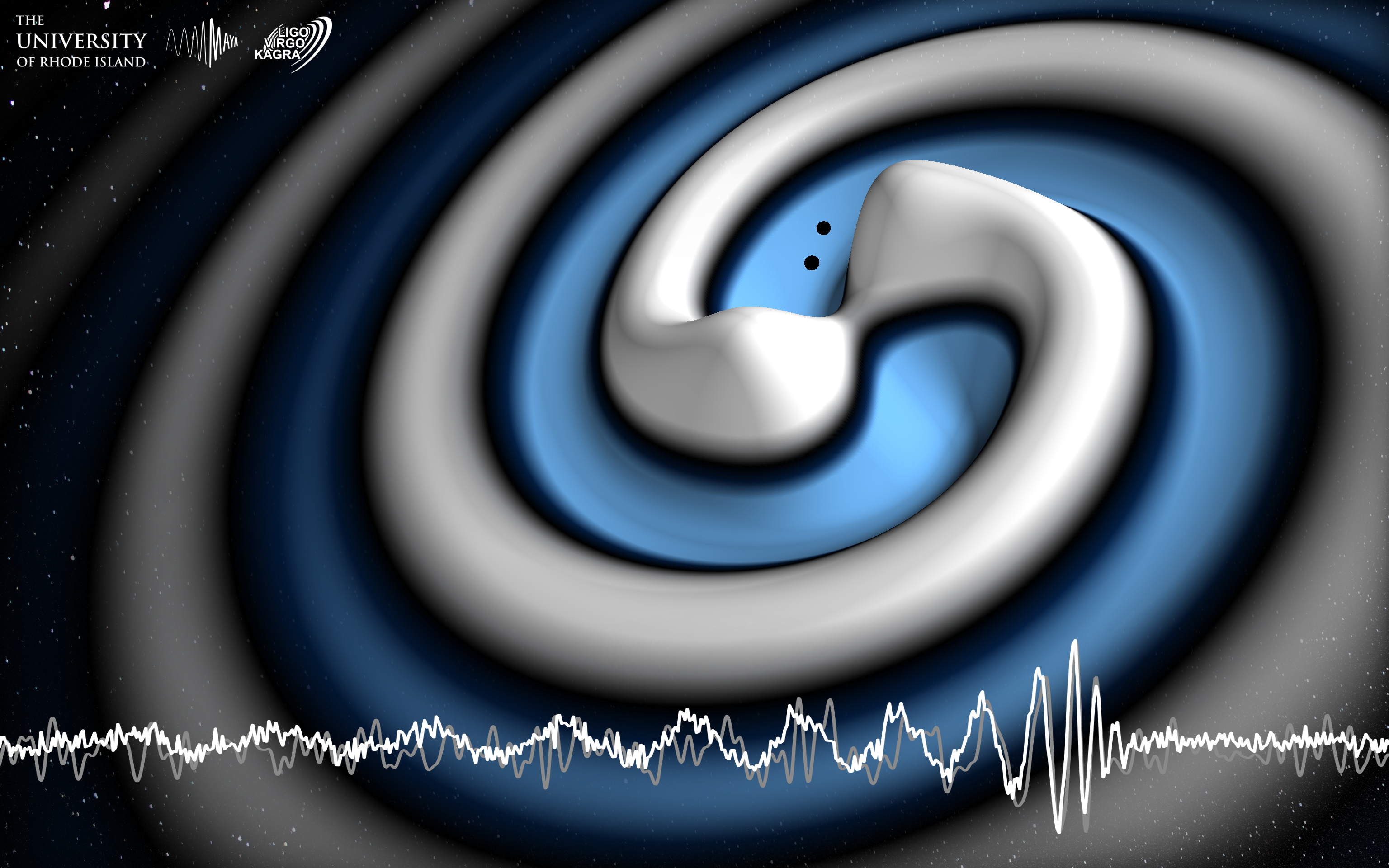 A simulation showing the gravitational wave signal increase in intensity as the two black holes barrel toward a merger. The blue and white surface shows a two-dimensional slice of the gravitational waves spiraling outward as the black holes orbit one another.