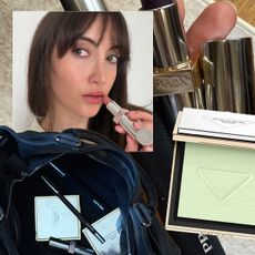 A collage of images shot by WWW associate beauty editor Alyssa Brascia and senior beauty editor Jamie Schneider both wearing and holding Prada Beauty products, overlaid by Prada Beauty product shots.