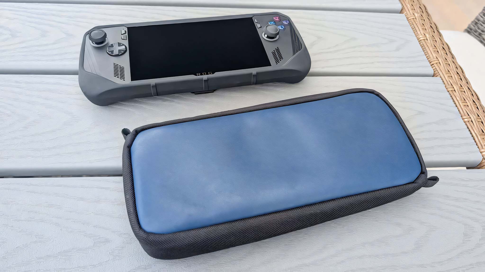 Waterfield ROG Ally X Magnetic Case and ROG Ally X laying down on a grey table.