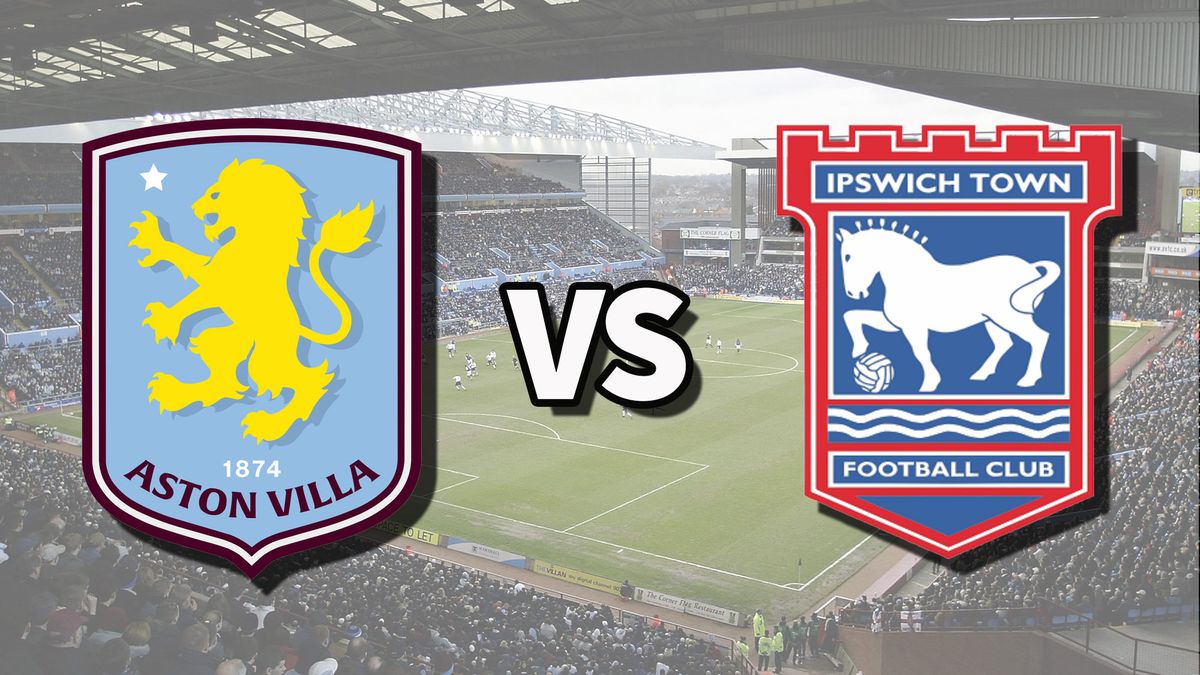 The Aston Villa and Ipswich Town club badges on top of a photo of Villa Park stadium in Birmingham, England