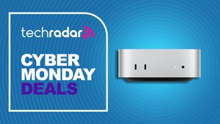 Apple Mac mini M4 pc against a blue TechRadar deals background