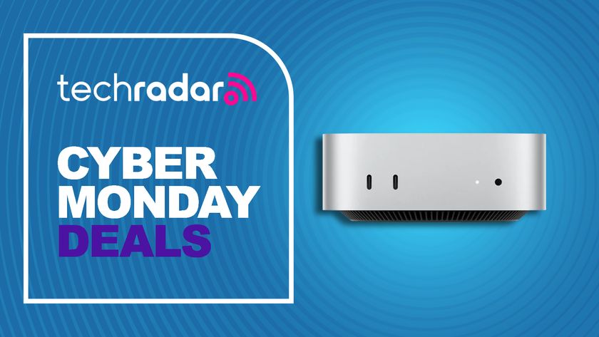 Apple Mac mini M4 pc against a blue TechRadar deals background