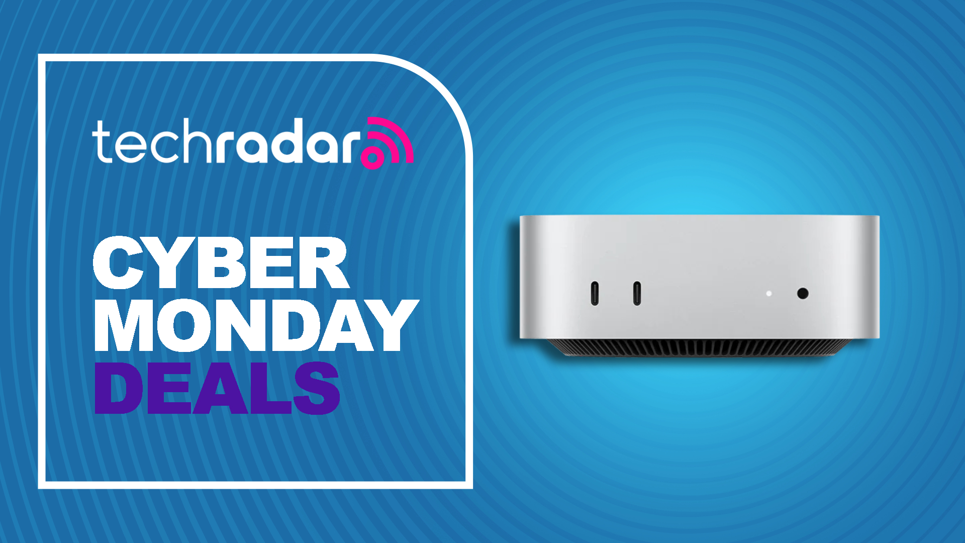 Apple Mac mini M4 pc against a blue TechRadar deals background