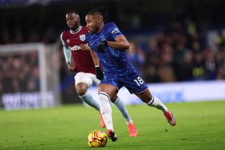 Christopher Nkunku of Chelsea runs with the ball during the Premier League match between Chelsea FC and West Ham United FC at Stamford Bridge on February 03, 2025 in London, England