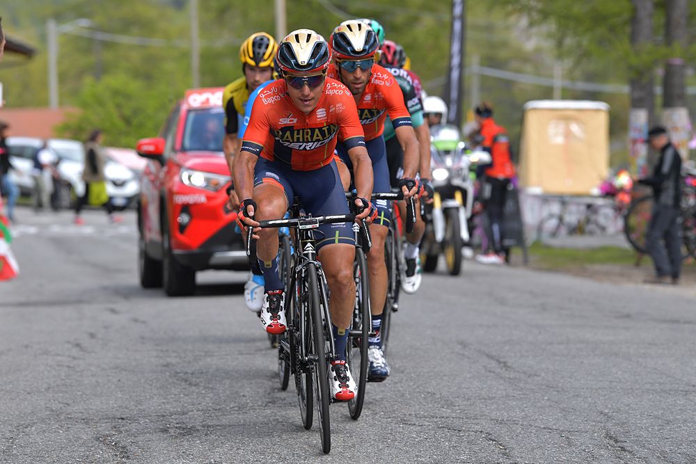 Domenico Pozzovivo of Italy and Team Bahrain - Merida / Vincenzo Nibali of Italy and Team Bahrain - Merida / during the 102nd Giro d'Italia