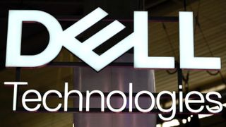 The Dell Technologies logo hanging in a conference centre
