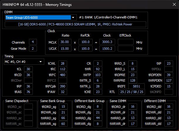 Teamgroup T-Force Delta RGB DDR5 RAM detected in HWInfo
