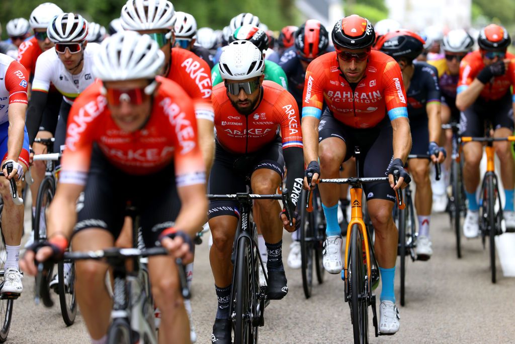 LANDERNEAU FRANCE JUNE 26 Nacer Bouhanni of France and Team Arka Samsic Marco Haller of Austria and Team Bahrain Victorious during the 108th Tour de France 2021 Stage 1 a 1978km stage from Brest to Landerneau Cte De La Fosse Aux Loups 176m LeTour TDF2021 on June 26 2021 in Landerneau France Photo by Tim de WaeleGetty Images