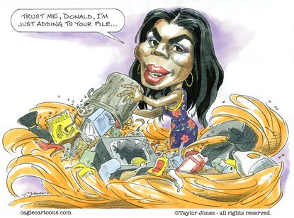 Political cartoon U.S. Omarosa Trump Unhinged recordings NDA tabloids