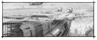 Pencil sketch of a spaceship in a dock