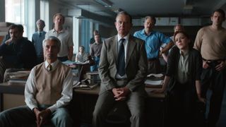 TONY BRIGHTWELL (EMUN ELLIOTT), HARRY BOWMAN (SILAS CARSON), MAX GOODMAN (PAUL THORNLEY), BRIAN BOYCE (HUGH BONNEVILLE), JOHN FORDHAM (HADLEY FRASER), NICKI JENNINGS (CHARLOTTE SPENCER), NEIL MURPHY (CHRIS COGHILL) gathered together in The Gold