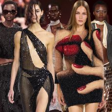 party trends of 2025 shown in a collage of models wearing the biggest going-out trends from the fall 2024 and spring 2025 runway collections of Gucci, Rotate, The Attico, and Balmain