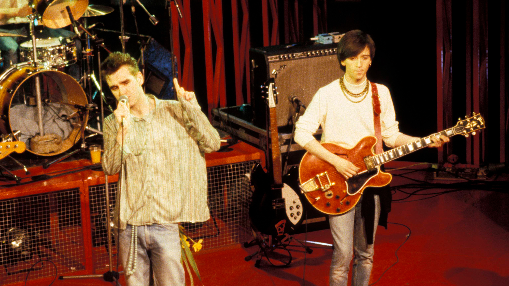 The Smiths performing live on the Tyne Tees TV music show, 'The Tube', Newcastle upon Tyne, 16th March 1984. Left to right: Andy Rourke, Mike Joyce, Morrissey and Johnny Marr