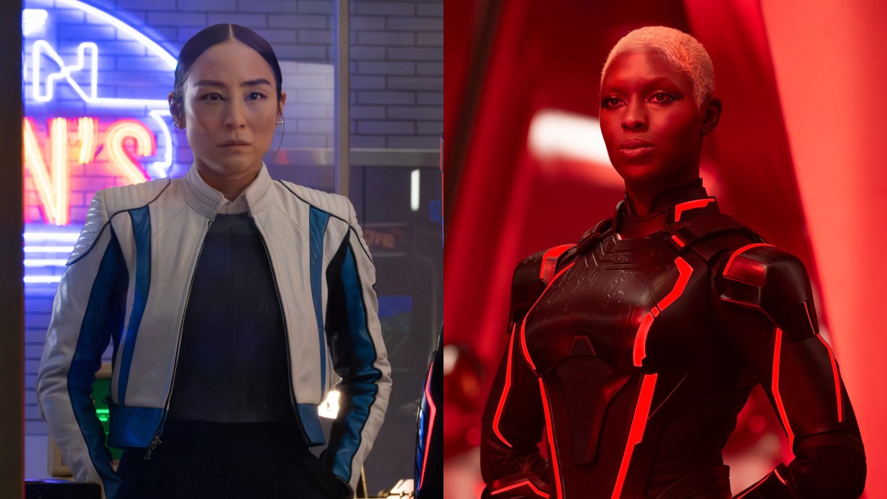 Eve Kim (Greta Lee) looks on, while Athena (Jodie Turner-Smith) looks ahead in Tron: Ares.
