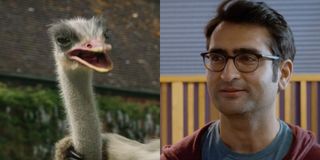 Plimpton, an ostrich, left, is voiced by Kumail Nanjiani, right, in Dolittle