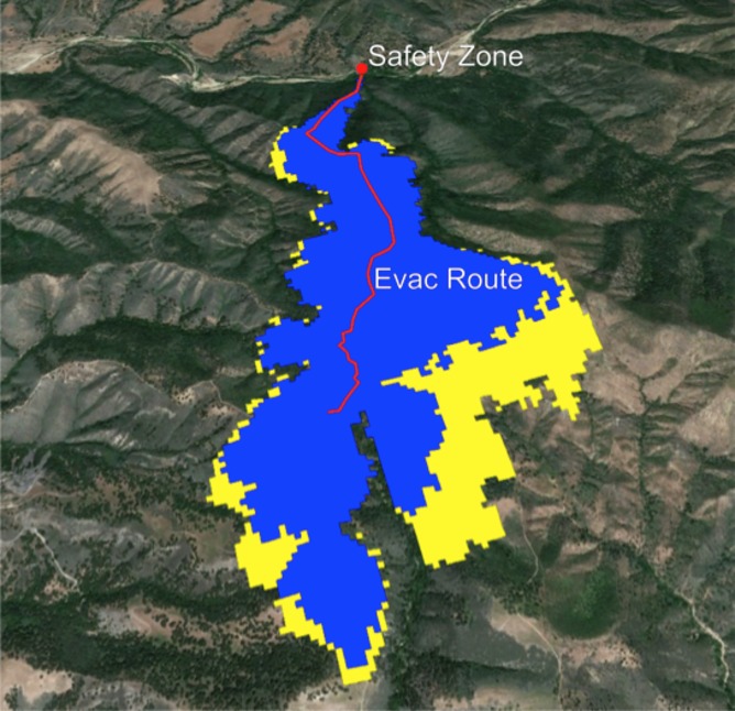 Example trigger buffers. The red dot represents a safety zone, and the red line is the evacuation route to the safety zone. The blue area is the trigger buffer for a northeast wind at 12.0 km/h, and the yellow area is the trigger buffer for a southwest wind at 19.3 km/h.