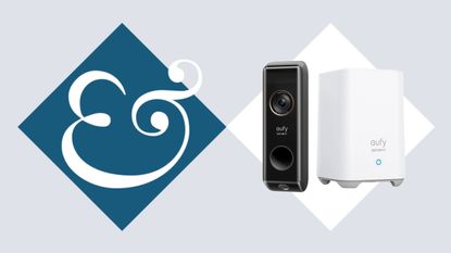 eufy S330 video doorbell on tile background next to Homes & Gardens '&' logo.