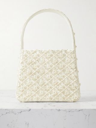 White Embellished Satin Structured Shoulder Bag