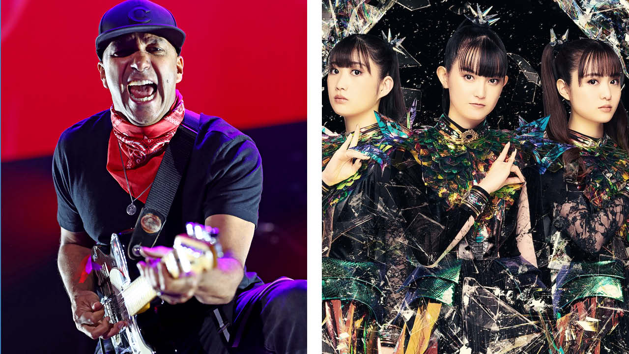 Tom Morello playing guitar and Babymetal posing for a photograph