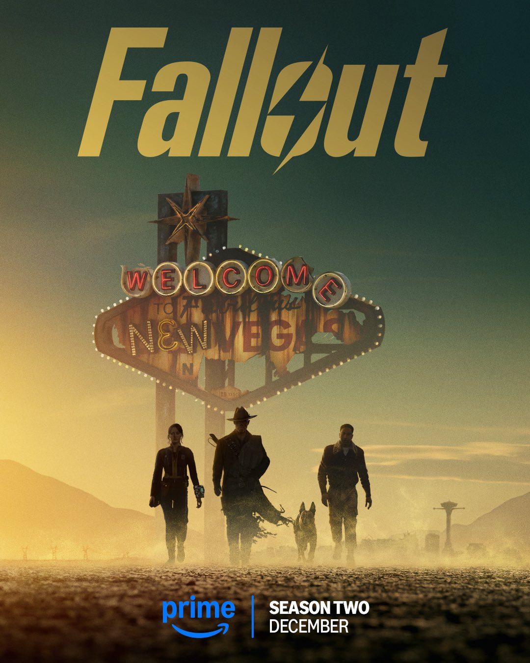 Ella Purnell, Walton Goggins, and Aaron Moten in "Fallout" season 2 poster