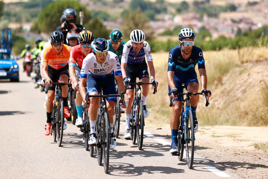 CLUNIA SPAIN AUGUST 05 LR Omer Goldstein of Israel and Team Israel Premier Tech and Lluis Mas Bonet of Spain and Movistar Team compete in the breakaway during the 44th Vuelta a Burgos 2022 Stage 4 a 169km stage from Torresandino to Ciudad Romana de Clunia VueltaBurgos on August 05 2022 in Clunia Spain Photo by Gonzalo Arroyo MorenoGetty Images