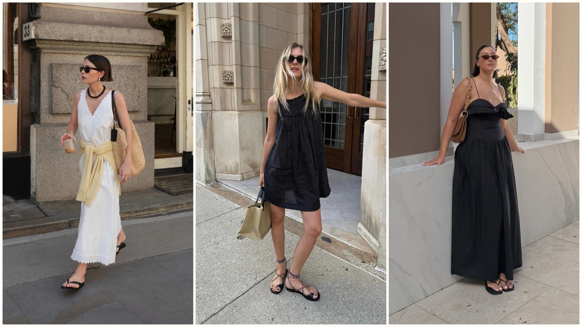 Three women wear minimalist summer dresses