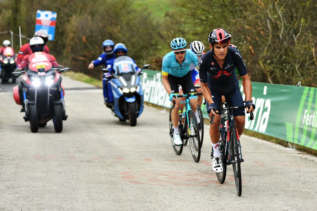 LEKUNBERRI SPAIN OCTOBER 21 Andrey Amador Bikkazakova of Costa Rica and Team INEOS Grenadiers Alex Aranburu Deba of Spain and Astana Pro Team Breakaway during the 75th Tour of Spain 2020 Stage 2 a 1516km stage from Pamplona to Lekunberri lavuelta LaVuelta20 La Vuelta on October 21 2020 in Lekunberri Spain Photo by David RamosGetty Images