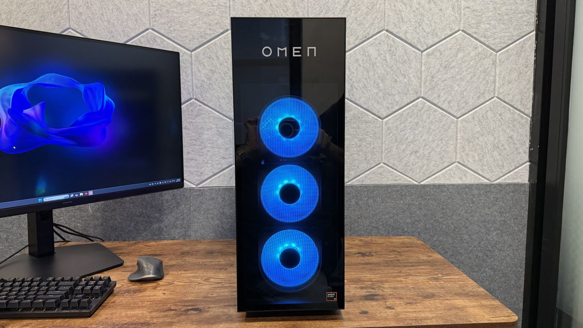 The HP Omen Max 45L on a desk showing off its front fans