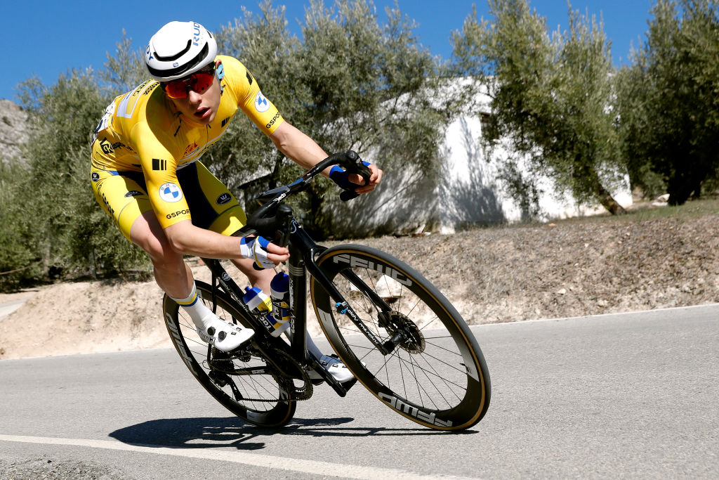 ALCALA LA REAL SPAIN FEBRUARY 17 Rune Herregodts of Belgium and Team Sport Vlaanderen Baloise Yellow Leader Jersey competes during the 68th Vuelta A Andalucia Ruta Del Sol 2022 Stage 2 a 1506km stage from Archidona to Alcal La Real 982m 68RdS on February 17 2022 in Alcala la Real Spain Photo by Bas CzerwinskiGetty Images