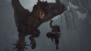 Promotional screenshot of Akuma uppercutting a Rathalos in Monster Hunter Wilds
