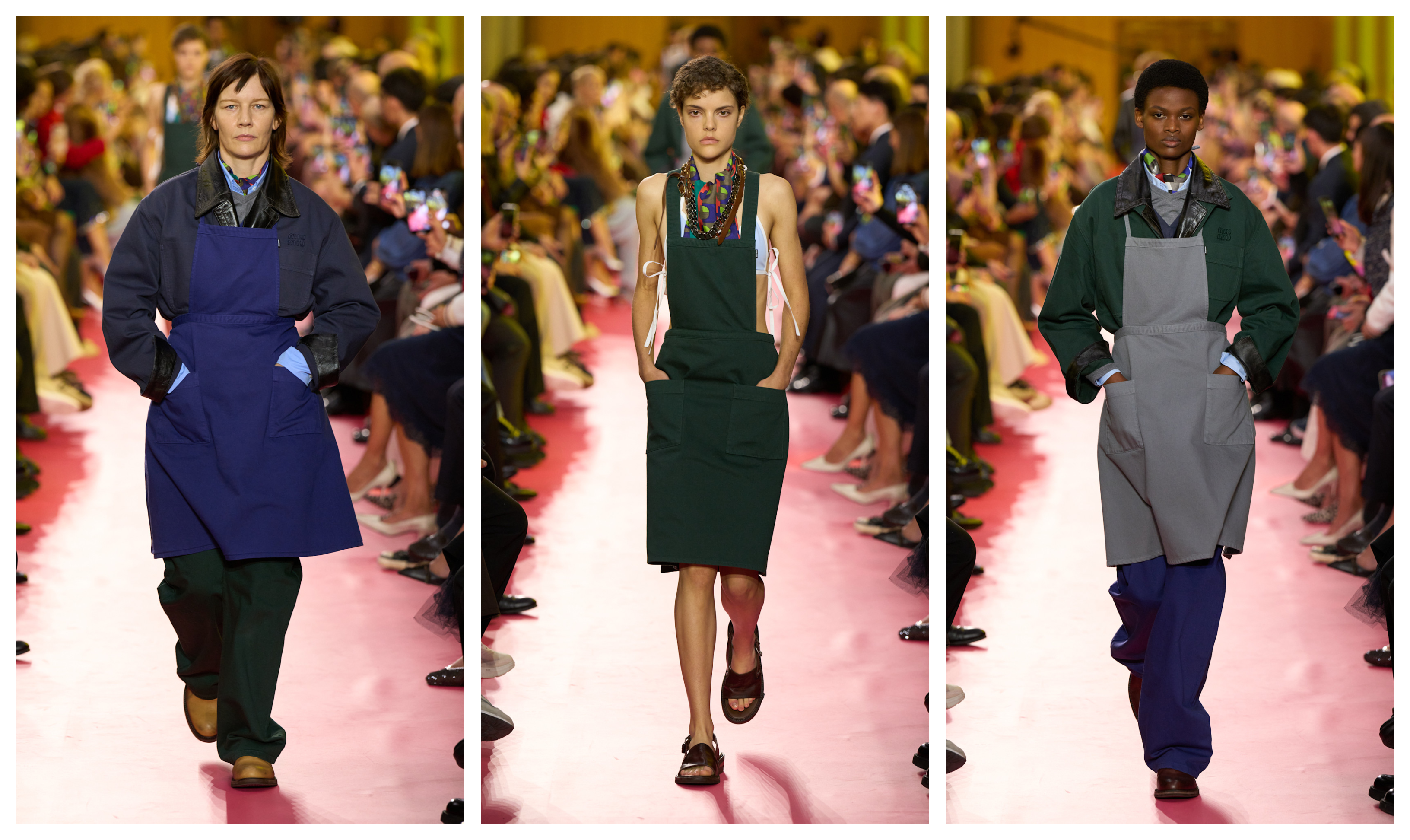 three models from the Miu Miu Spring 2026 show wearing aprons on the runway