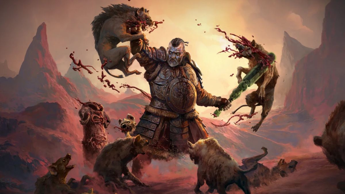 Path of Exile 2 showing the Warbringer ascendancy class bludgeoning his way through a pack of hyenas