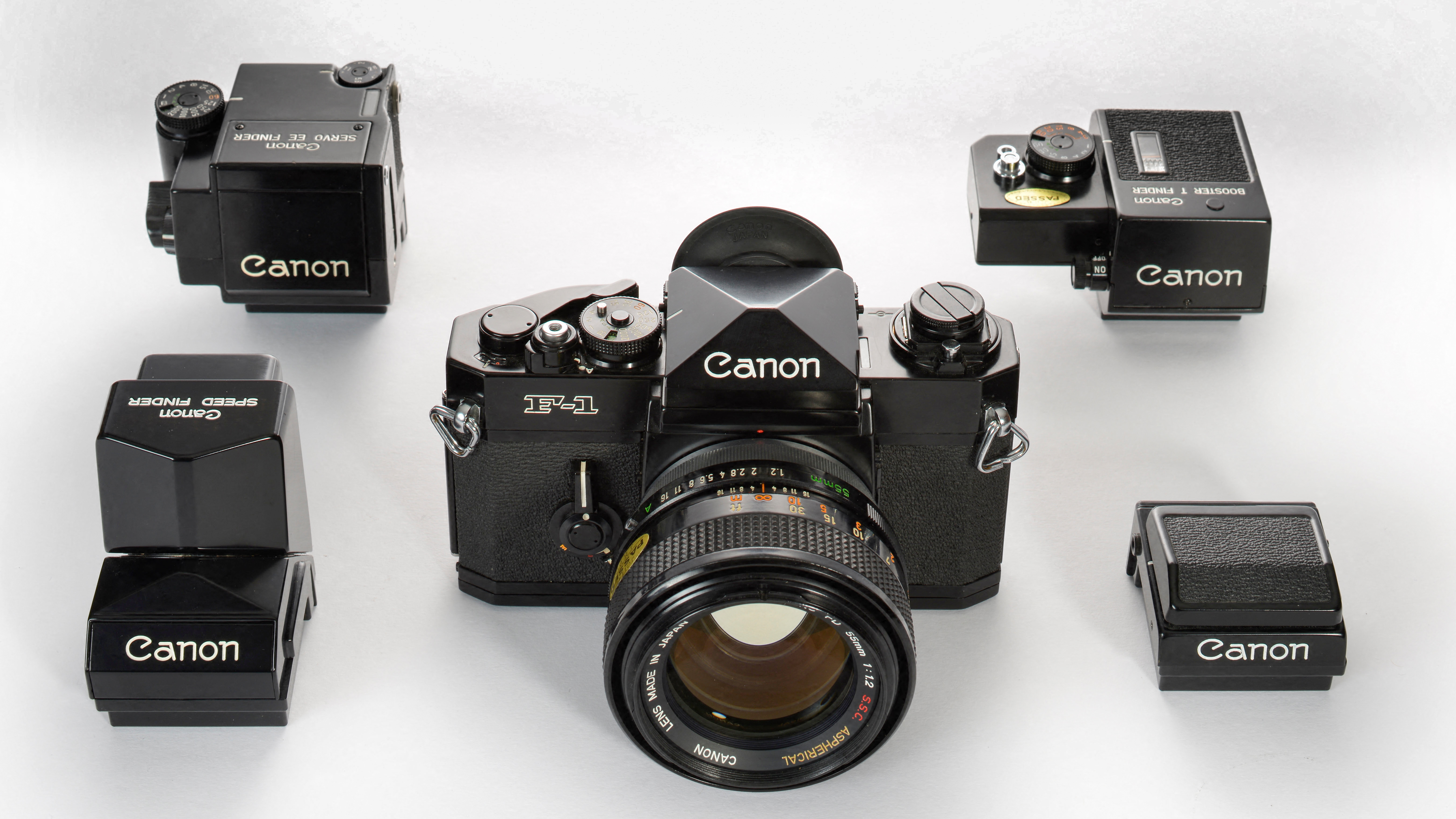 Canon F-1 with the five interchangeable viewfinder options