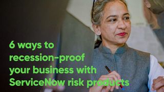 Whitepaper from ServiceNow: Six ways to recession-proof your business with risk products, with an image of a female worker holding a pen and laptop in foreground