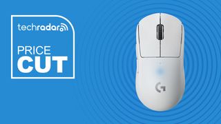 Logitech G PRO X SUPERLIGHT wireless gaming mouse in white on blue background with price cut sign